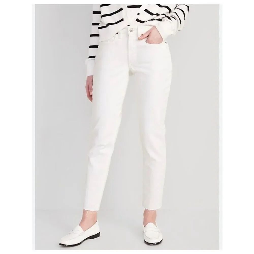 Old Navy White Cotton Denim Curvy OG Straight High Rise Fray Cuff Tall Jeans NEW